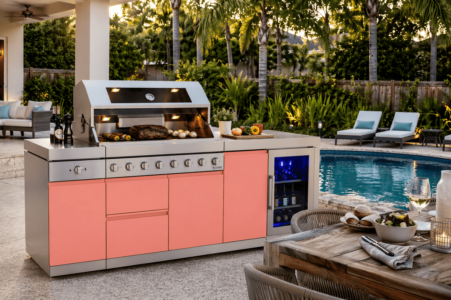 Designer Series Modular Outdoor Kitchen Island with Grill, Side Burner and Single Refrigerator - Sunzout Outdoor Spaces LLC