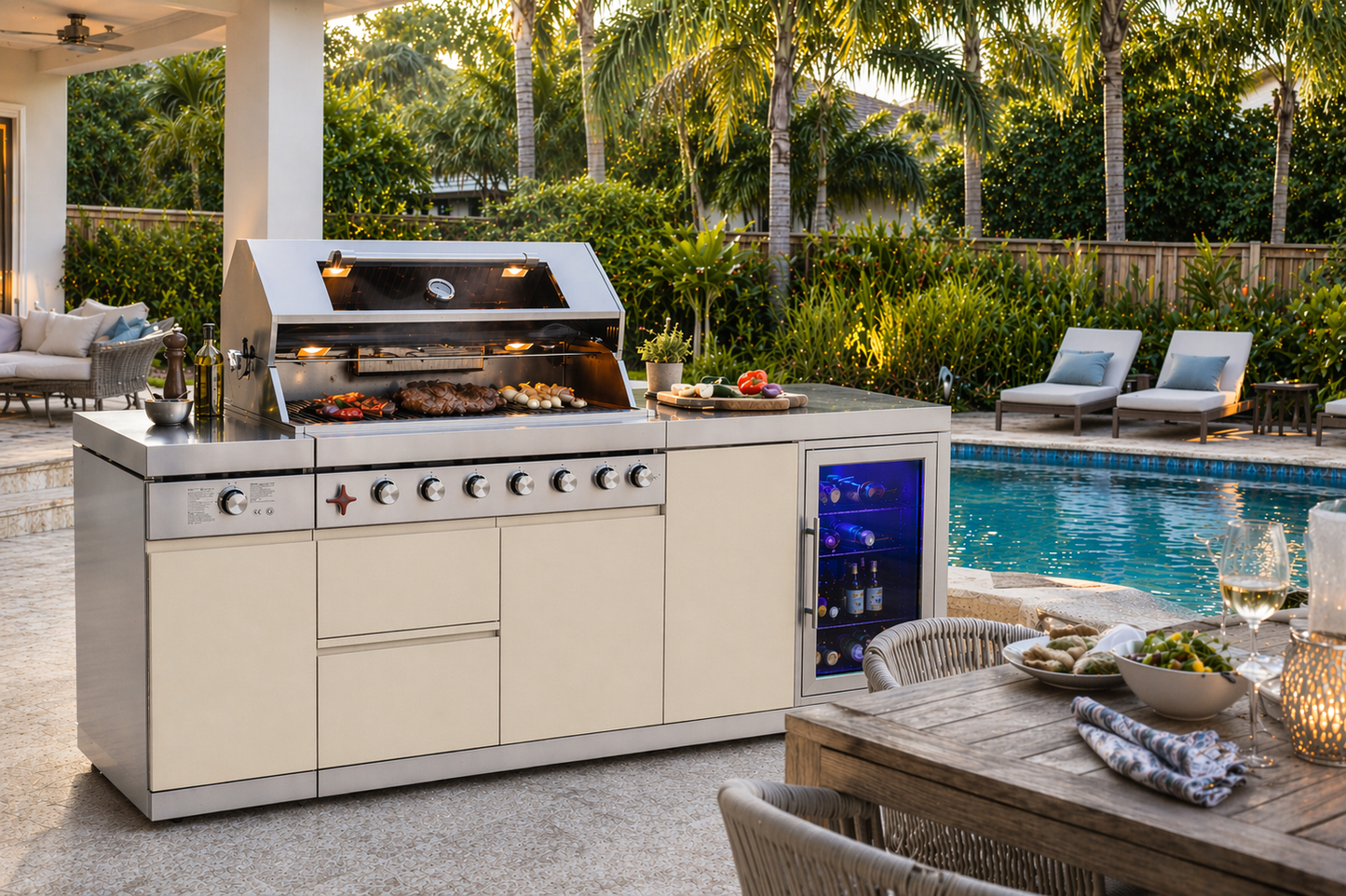 Designer Series Modular Outdoor Kitchen Island with Grill, Side Burner and Single Refrigerator - Sunzout Outdoor Spaces LLC
