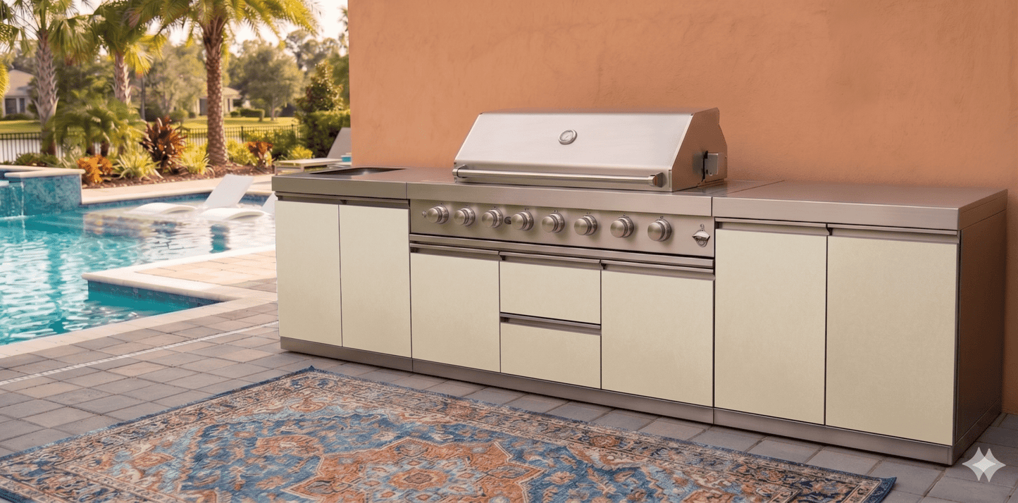 Designer Series Modular Outdoor Kitchen with Grill, Side Burner, 2 Storage Cabinets and Countertop - Sunzout Outdoor Spaces LLC