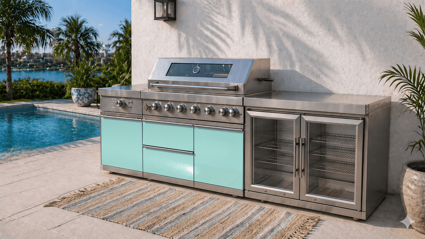 Designer Series Modular Outdoor Kitchen with Grill, Side Burner, Double Refrigerator and Countertop - Sunzout Outdoor Spaces LLC