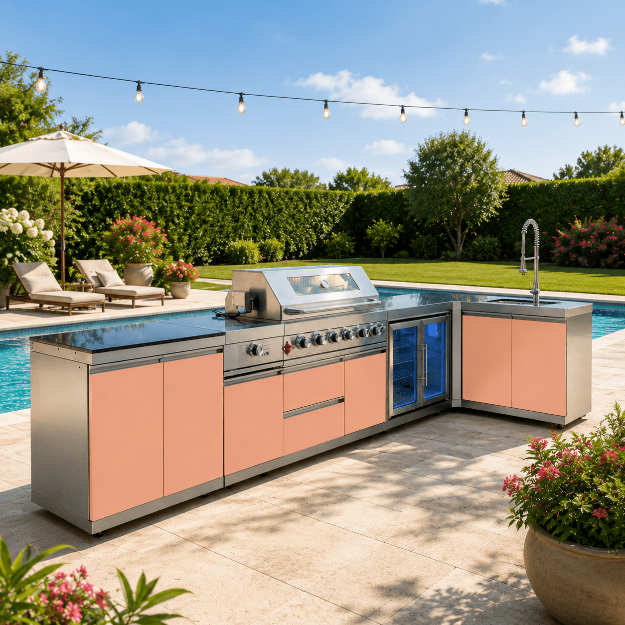 Designer Series Modular Outdoor Kitchen with Grill, Side Burner, Double Refrigerator and Sink - Sunzout Outdoor Spaces LLC