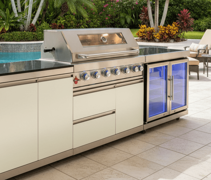 Designer Series Outdoor Kitchen Modular - 5 Burner Grill, Rotisserie, Double Refrigerator - Sunzout Outdoor Spaces LLC