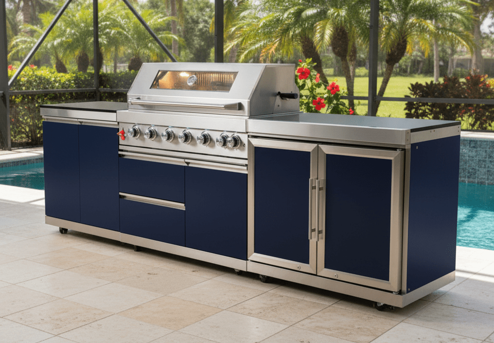Designer Series Outdoor Kitchen Modular - 5 Burner Grill, Rotisserie, Double Refrigerator - Sunzout Outdoor Spaces LLC