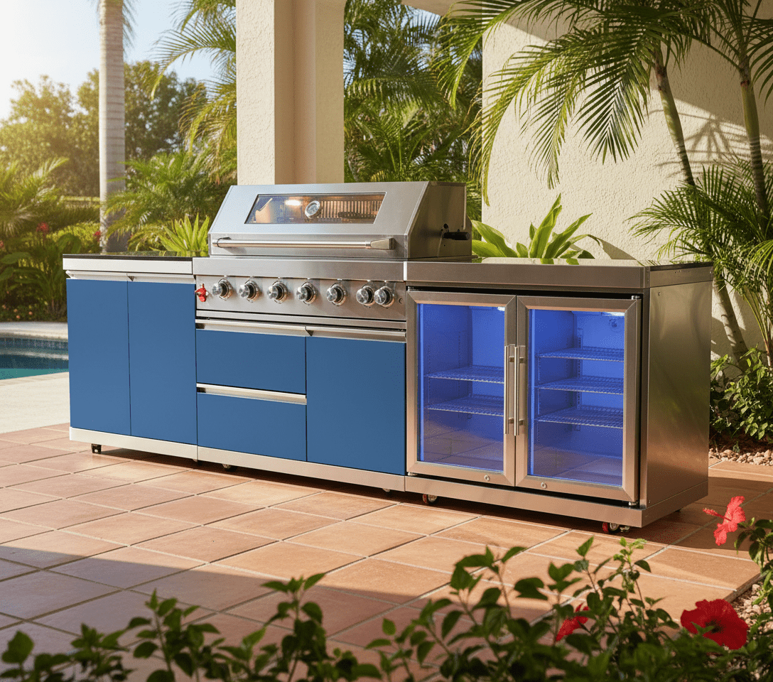 Designer Series Outdoor Kitchen Modular - 5 Burner Grill, Rotisserie, Double Refrigerator - Sunzout Outdoor Spaces LLC
