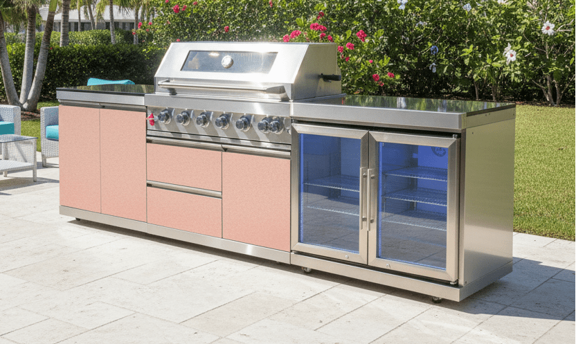 Designer Series Outdoor Kitchen Modular - 5 Burner Grill, Rotisserie, Double Refrigerator - Sunzout Outdoor Spaces LLC
