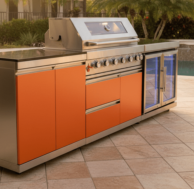 Designer Series Outdoor Kitchen Modular - 5 Burner Grill, Rotisserie, Double Refrigerator - Sunzout Outdoor Spaces LLC