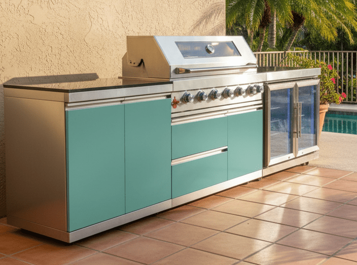 Designer Series Outdoor Kitchen Modular - 5 Burner Grill, Rotisserie, Double Refrigerator - Sunzout Outdoor Spaces LLC