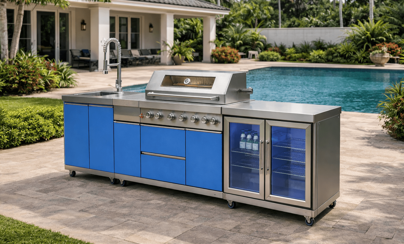 Designer Series Outdoor Kitchen with Grill, Rotisserie, Double Refrigerator, Modern Sink and Granite Countertop - Sunzout Outdoor Spaces LLC