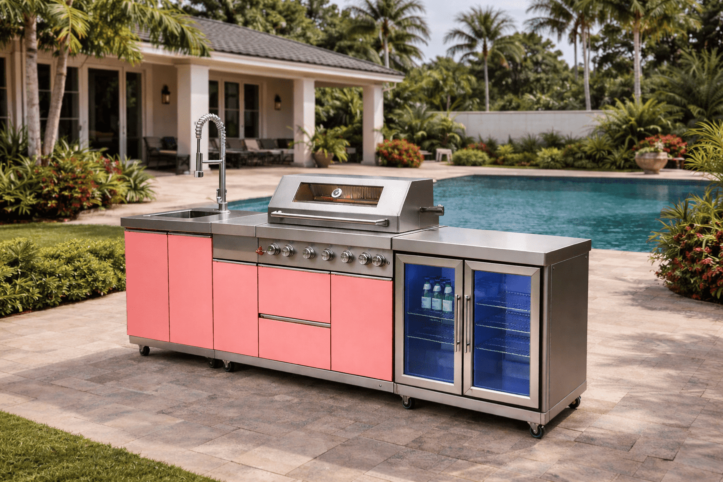 Designer Series Outdoor Kitchen with Grill, Rotisserie, Double Refrigerator, Modern Sink and Granite Countertop - Sunzout Outdoor Spaces LLC