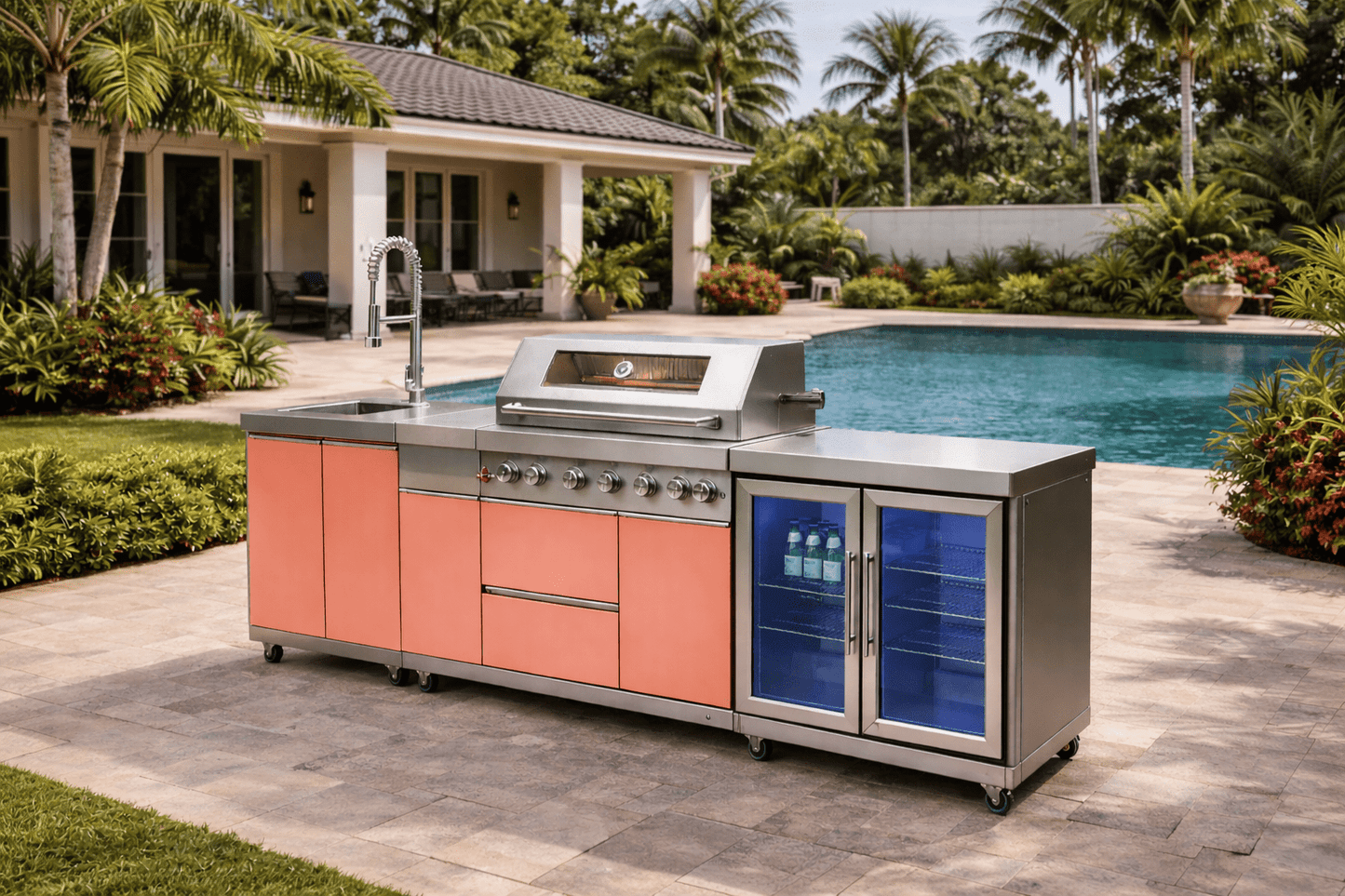 Designer Series Outdoor Kitchen with Grill, Rotisserie, Double Refrigerator, Modern Sink and Granite Countertop - Sunzout Outdoor Spaces LLC