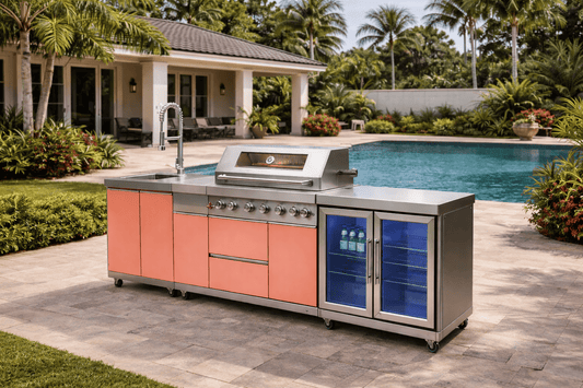 Designer Series Outdoor Kitchen with Grill, Rotisserie, Double Refrigerator, Modern Sink and Granite Countertop - Sunzout Outdoor Spaces LLC