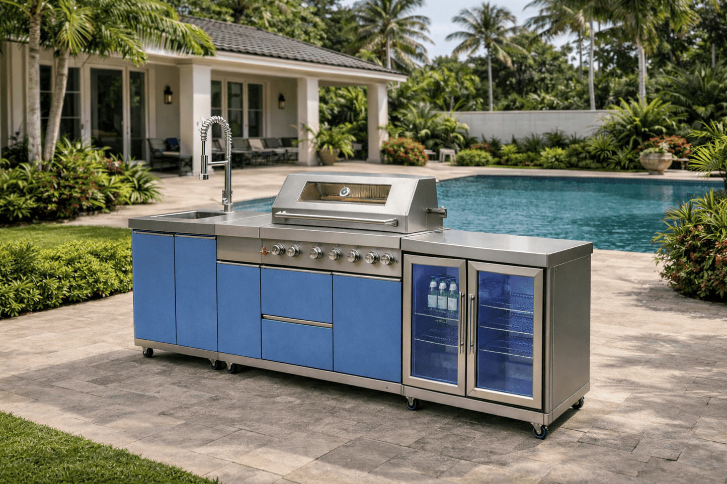 Designer Series Outdoor Kitchen with Grill, Rotisserie, Double Refrigerator, Modern Sink and Granite Countertop - Sunzout Outdoor Spaces LLC