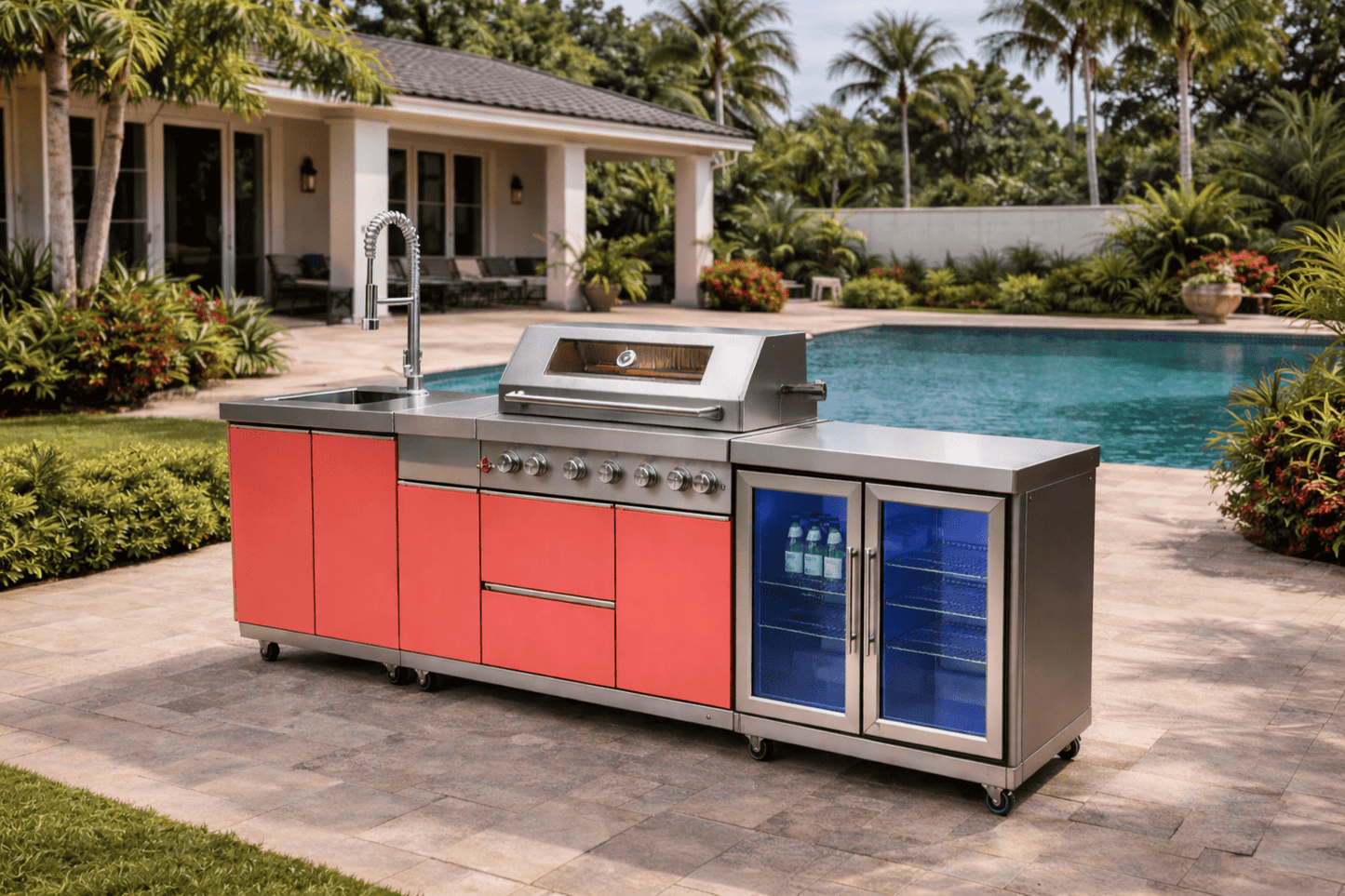 Designer Series Outdoor Kitchen with Grill, Rotisserie, Double Refrigerator, Modern Sink and Granite Countertop - Sunzout Outdoor Spaces LLC