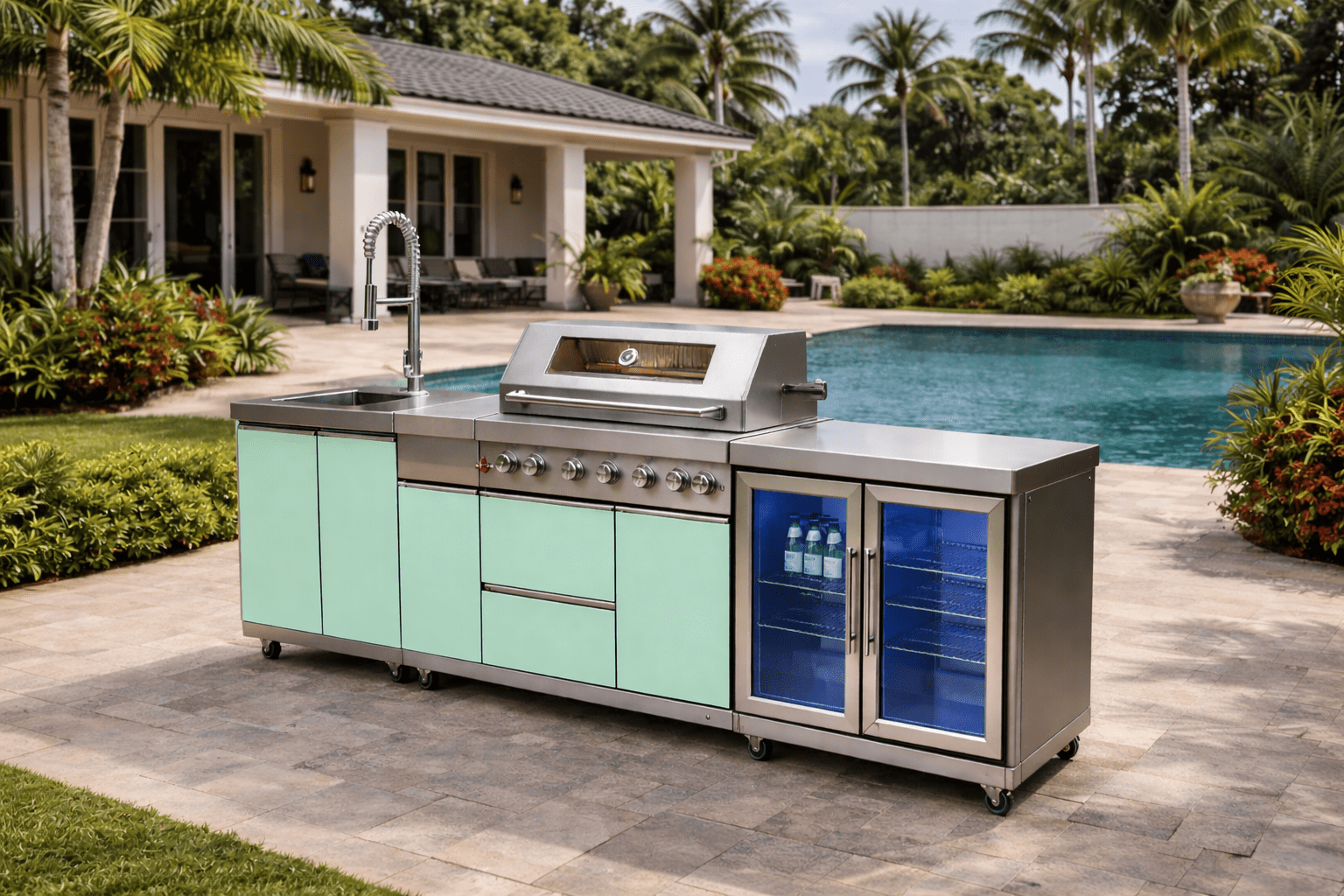 Designer Series Outdoor Kitchen with Grill, Rotisserie, Double Refrigerator, Modern Sink and Granite Countertop - Sunzout Outdoor Spaces LLC
