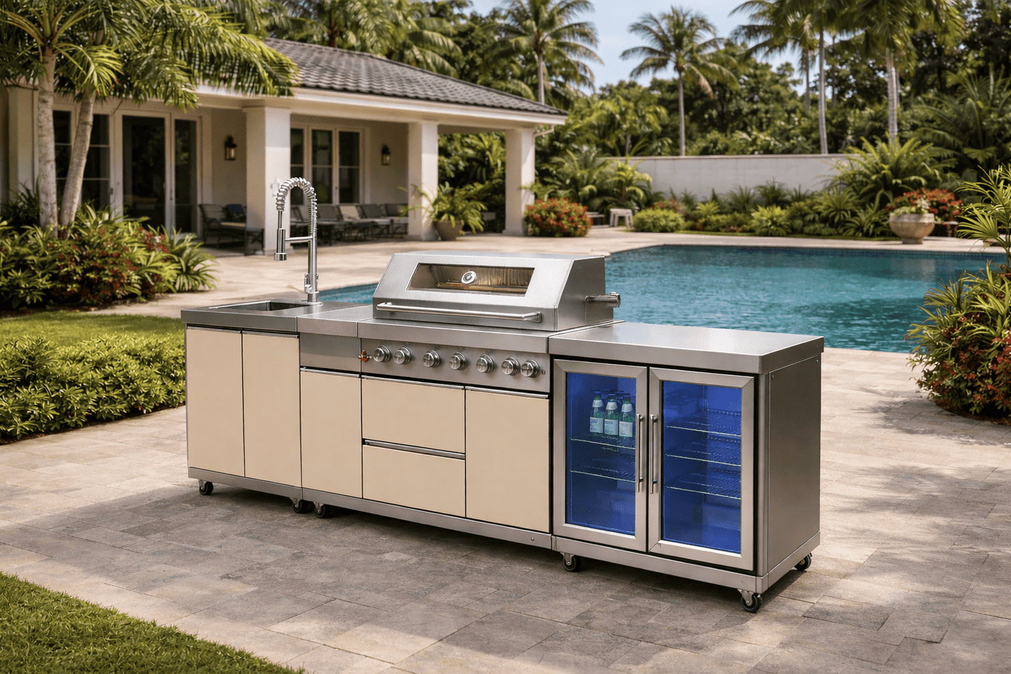 Designer Series Outdoor Kitchen with Grill, Rotisserie, Double Refrigerator, Modern Sink and Granite Countertop - Sunzout Outdoor Spaces LLC