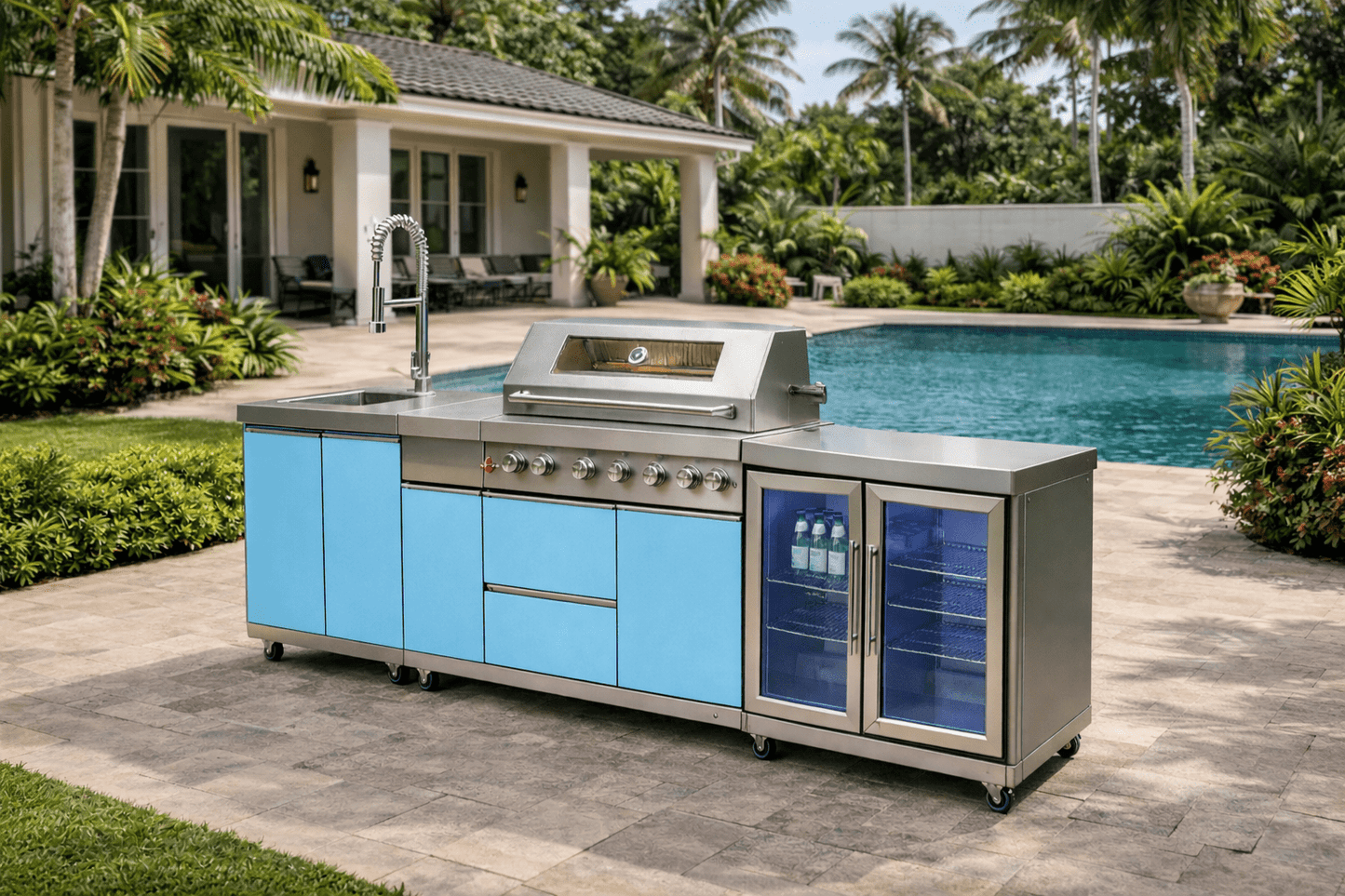 Designer Series Outdoor Kitchen with Grill, Rotisserie, Double Refrigerator, Modern Sink and Granite Countertop - Sunzout Outdoor Spaces LLC