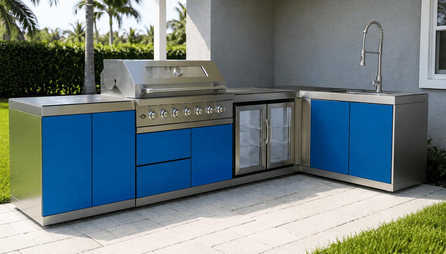 Designer Series Stainless Steel Modular Outdoor Kitchen with Grill, Sink, Double Refrigerator - Sunzout Outdoor Spaces LLC