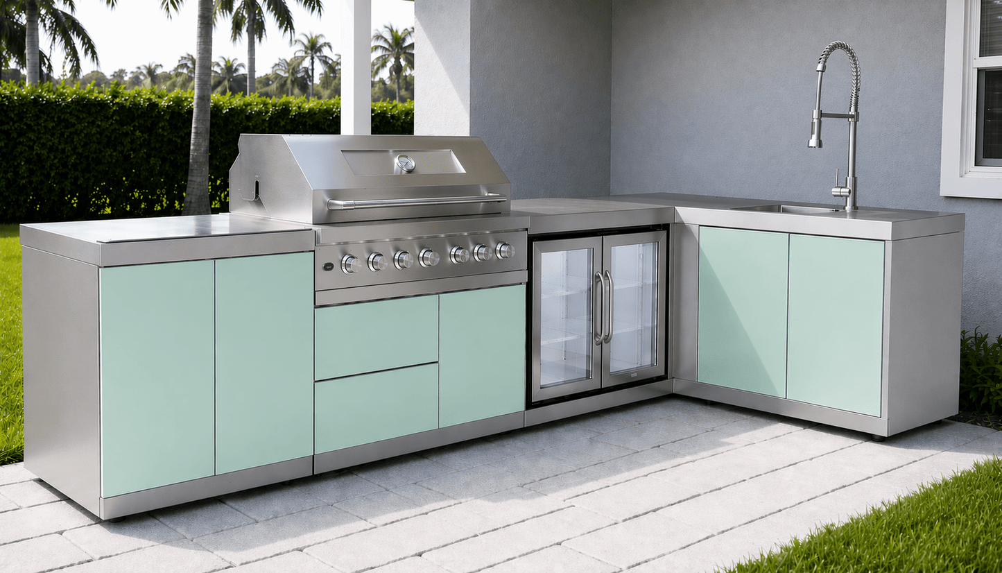 Designer Series Stainless Steel Modular Outdoor Kitchen with Grill, Sink, Double Refrigerator - Sunzout Outdoor Spaces LLC