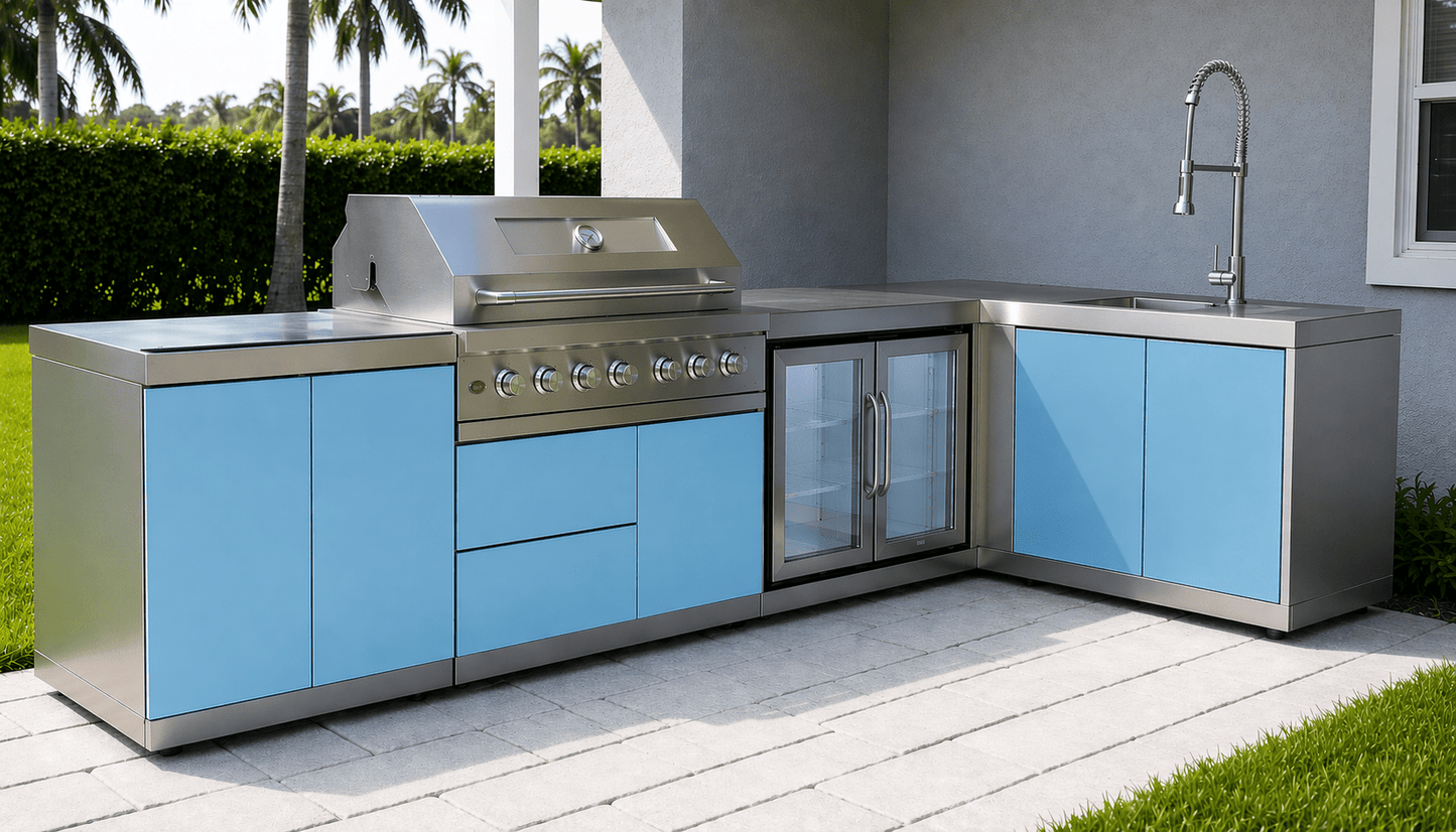 Designer Series Stainless Steel Modular Outdoor Kitchen with Grill, Sink, Double Refrigerator - Sunzout Outdoor Spaces LLC