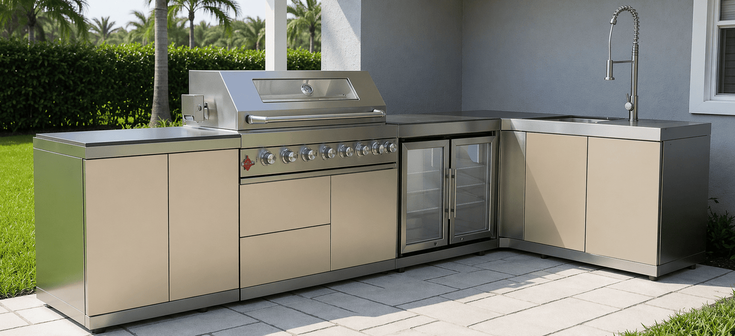 Designer Series Stainless Steel Modular Outdoor Kitchen with Grill, Sink, Double Refrigerator - Sunzout Outdoor Spaces LLC