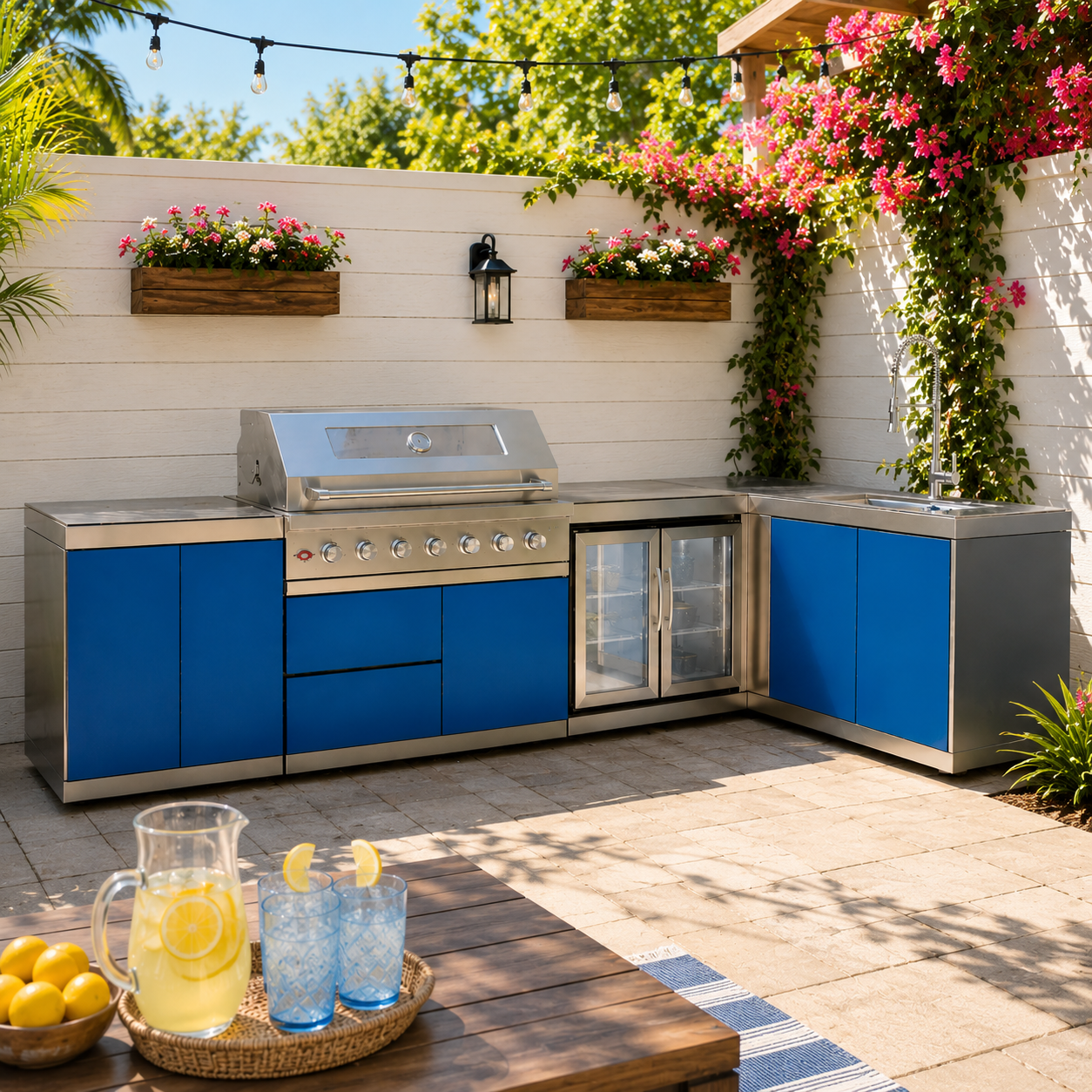 Designer Series Stainless Steel Modular Outdoor Kitchen with Grill, Sink, Double Refrigerator - Sunzout Outdoor Spaces LLC