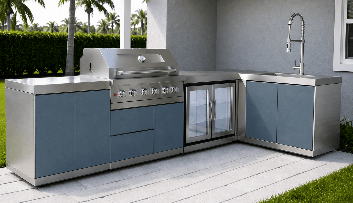 Designer Series Stainless Steel Modular Outdoor Kitchen with Grill, Sink, Double Refrigerator - Sunzout Outdoor Spaces LLC