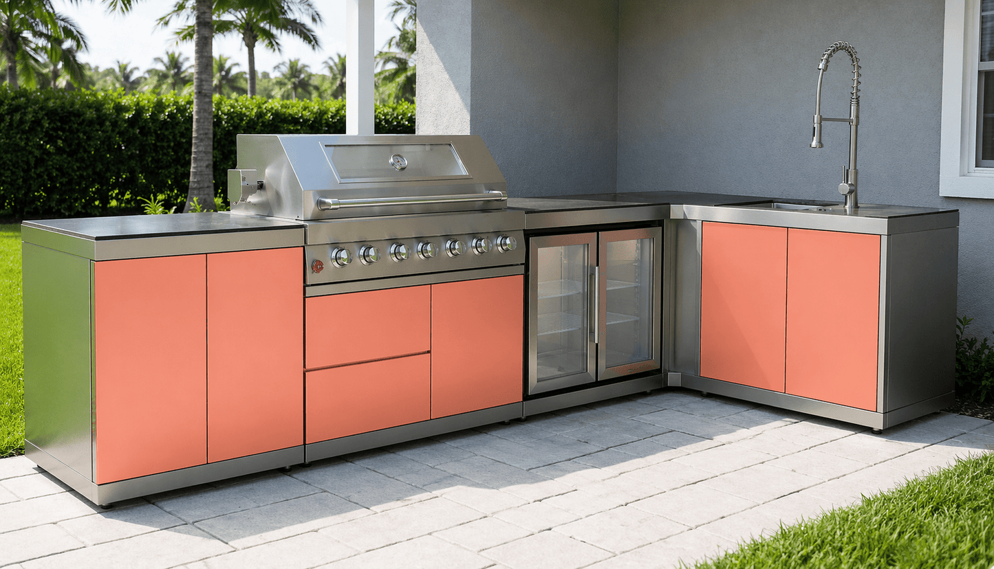 Designer Series Stainless Steel Modular Outdoor Kitchen with Grill, Sink, Double Refrigerator - Sunzout Outdoor Spaces LLC
