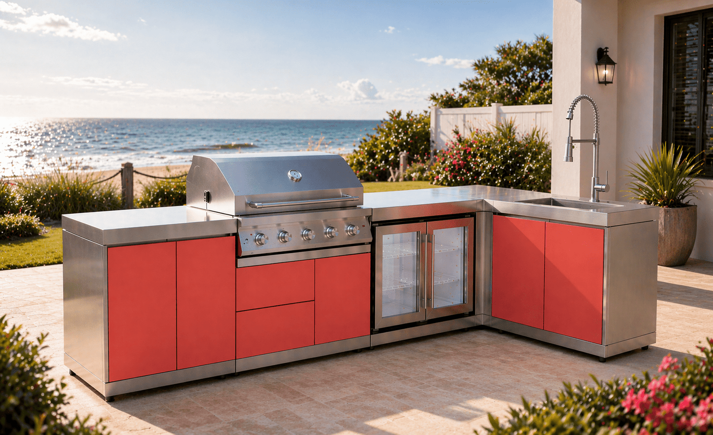 Designer Series Stainless Steel Modular Outdoor Kitchen with Grill, Sink, Double Refrigerator - Sunzout Outdoor Spaces LLC