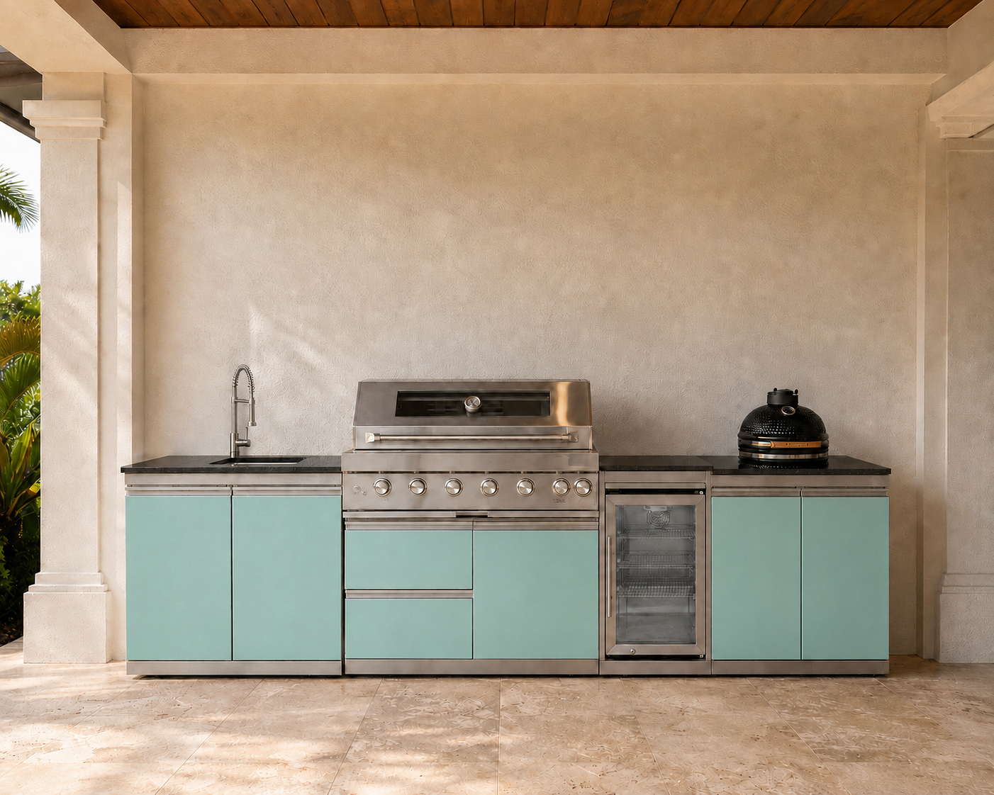 127.5" Designer Series Stainless Steel Outdoor Kitchen with 43" Grill - Sink - Smoker - Refrigerator