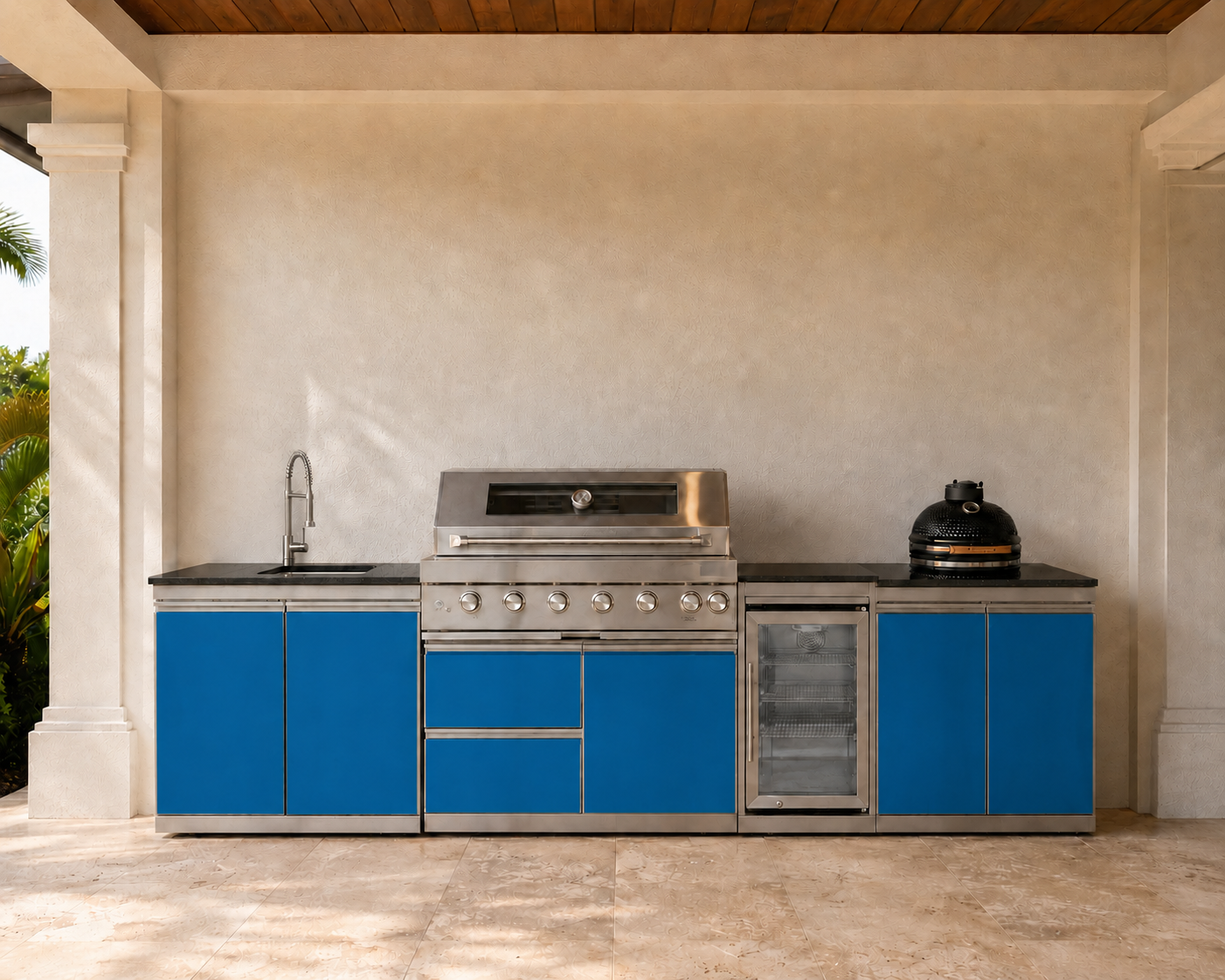 127.5" Designer Series Stainless Steel Outdoor Kitchen with 43" Grill - Sink - Smoker - Refrigerator
