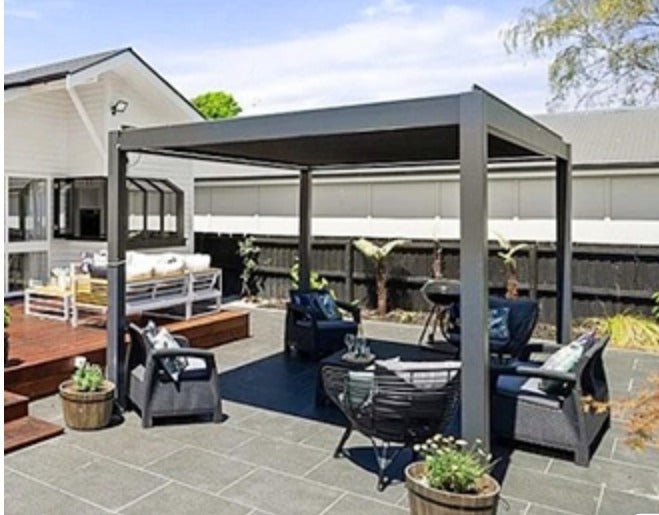 Grey Aluminum Pergola Kit with Motorized Louvered Roof - Sunzout Outdoor Spaces LLC