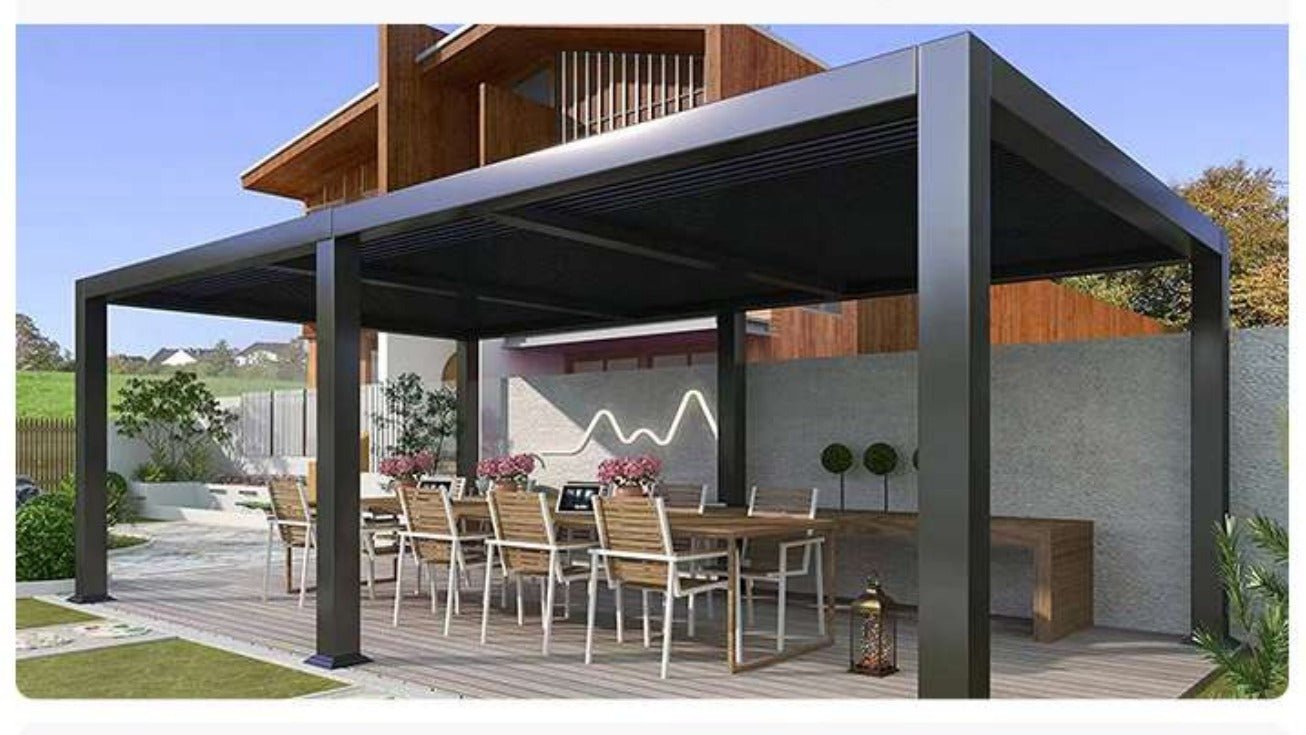 Grey Aluminum Pergola Kit with Motorized Louvered Roof - Sunzout Outdoor Spaces LLC