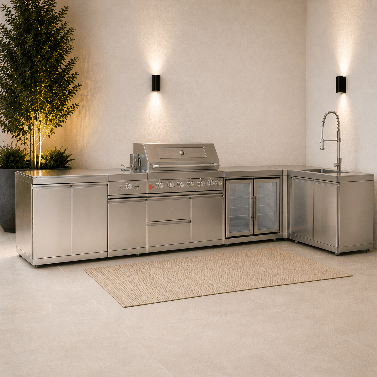 L Shaped Modular Outdoor Kitchen with Grill, Side Burner, Double Fridge and Sink - Sunzout Outdoor Spaces LLC