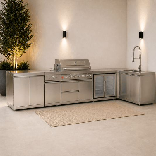 L Shaped Modular Outdoor Kitchen with Grill, Side Burner, Double Fridge and Sink - Sunzout Outdoor Spaces LLC