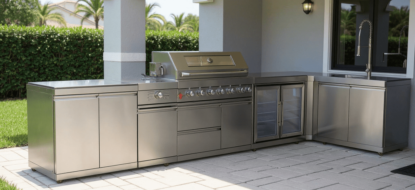 L Shaped Modular Outdoor Kitchen with Grill, Side Burner, Double Fridge and Sink - Sunzout Outdoor Spaces LLC
