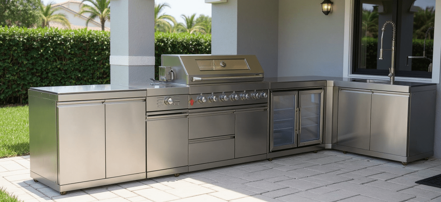 L Shaped Modular Outdoor Kitchen with Grill, Side Burner, Double Fridge and Sink - Sunzout Outdoor Spaces LLC