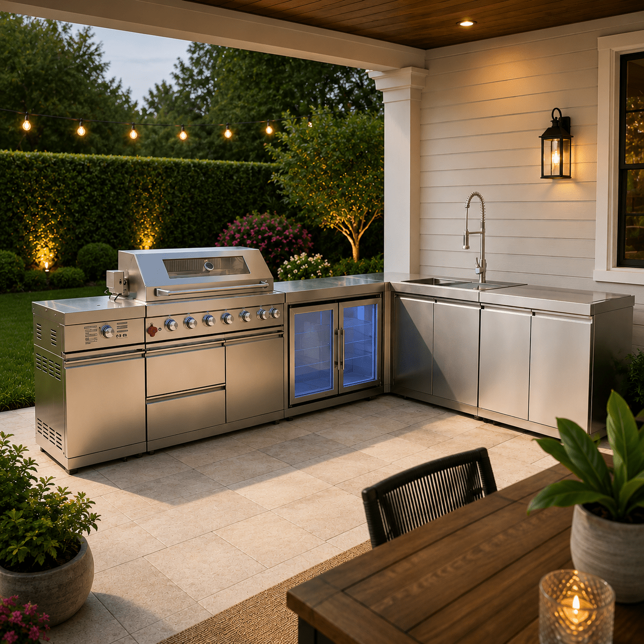 L Shaped SS Steel Outdoor Modular Kitchen with Grill, Side Burner, Sink, Double Fridge and Storage - Sunzout Outdoor Spaces LLC