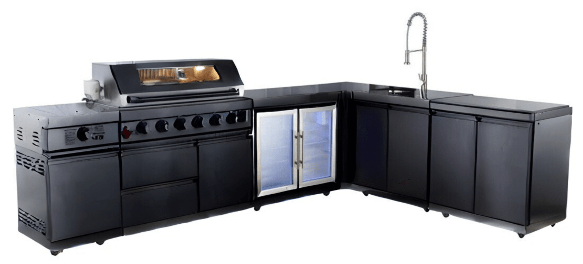 L Shaped SS Steel Outdoor Modular Kitchen with Grill, Side Burner, Sink, Double Fridge and Storage - Sunzout Outdoor Spaces LLC