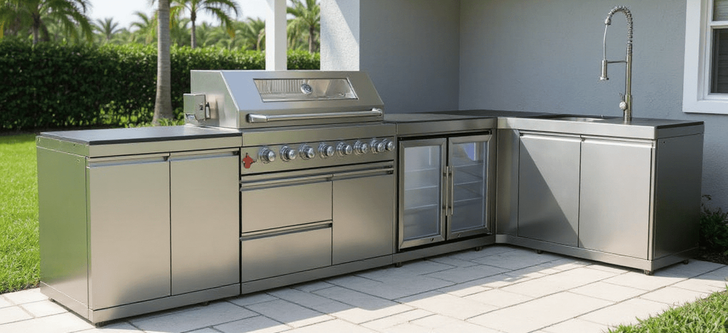 L Shaped Stainless Steel Modular Outdoor Kitchen, with Grill , Sink, Double Refrigerator and Storage - Sunzout Outdoor Spaces LLC