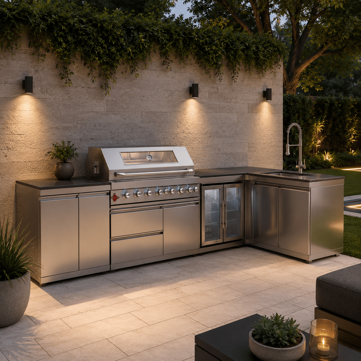 L Shaped Stainless Steel Modular Outdoor Kitchen, with Grill , Sink, Double Refrigerator and Storage - Sunzout Outdoor Spaces LLC