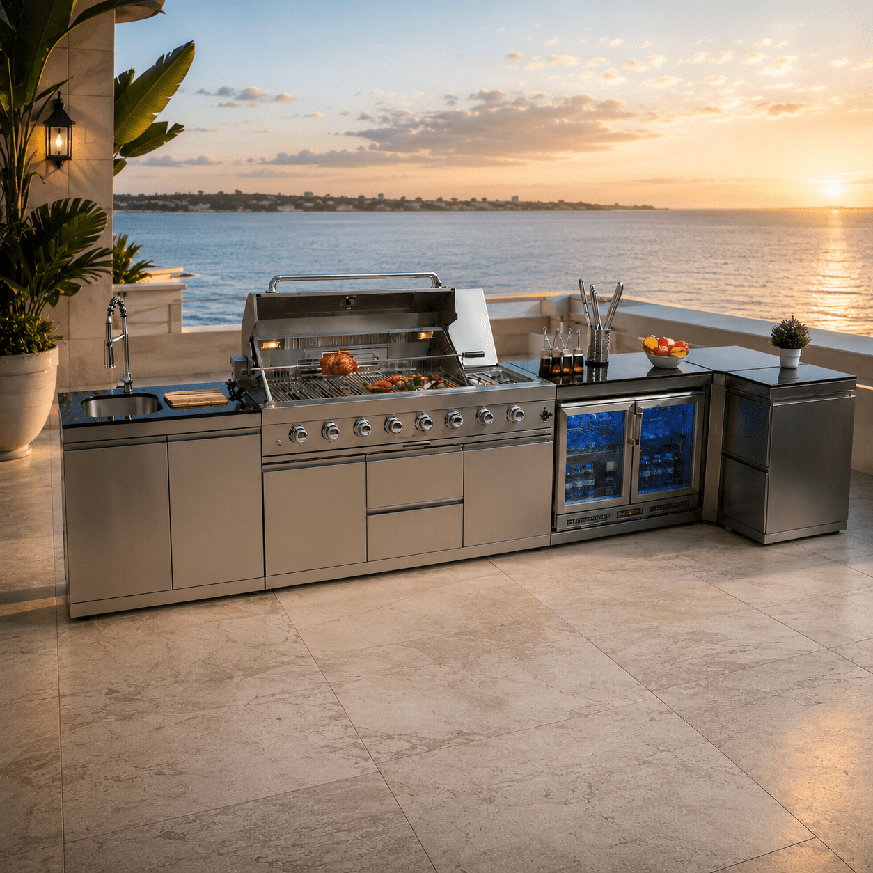 L Shaped Sunzout Steel Modular Outdoor Kitchen with 43 in grill, Side Burner, Sink, Double Refrigerator and Storage Drawers - Sunzout Outdoor Spaces LLC
