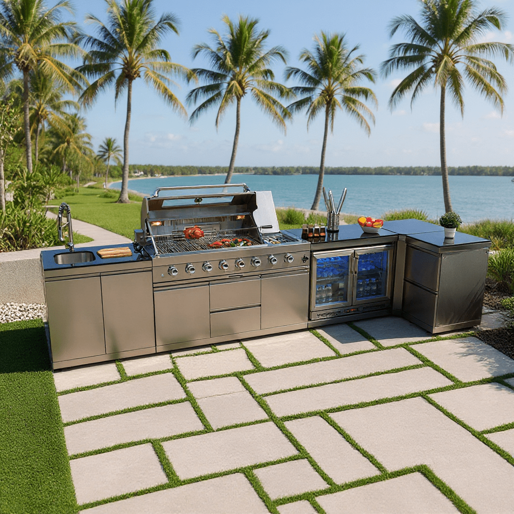 L Shaped Sunzout Steel Modular Outdoor Kitchen with 43 in grill, Side Burner, Sink, Double Refrigerator and Storage Drawers - Sunzout Outdoor Spaces LLC