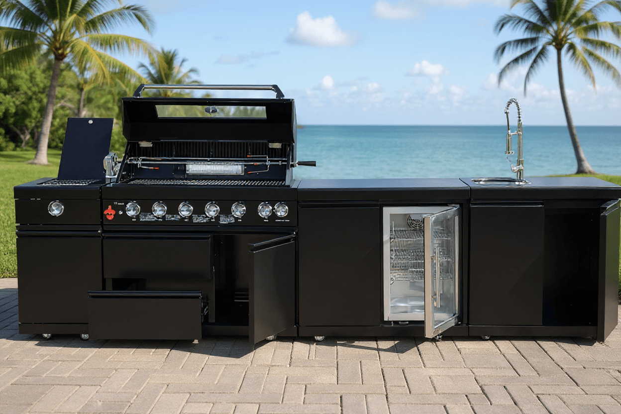 Modern Modular Outdoor Kitchen with 6 burner Grill, Refrigerator, Sink and Side Burner - Sunzout Outdoor Spaces LLC