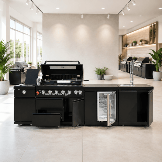 Modern Modular Outdoor Kitchen with 6 burner Grill, Refrigerator, Sink and Side Burner - Sunzout Outdoor Spaces LLC