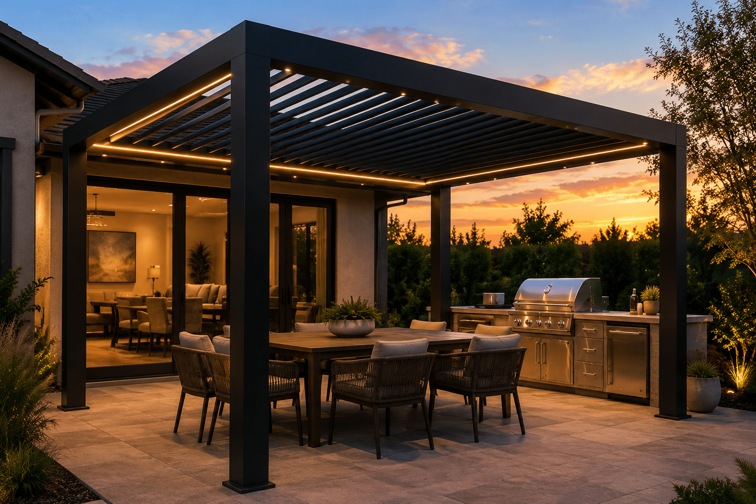A Sunzout Motorized Aluminum Pergola at night, featuring integrated LED lighting for a premium evening ambiance.