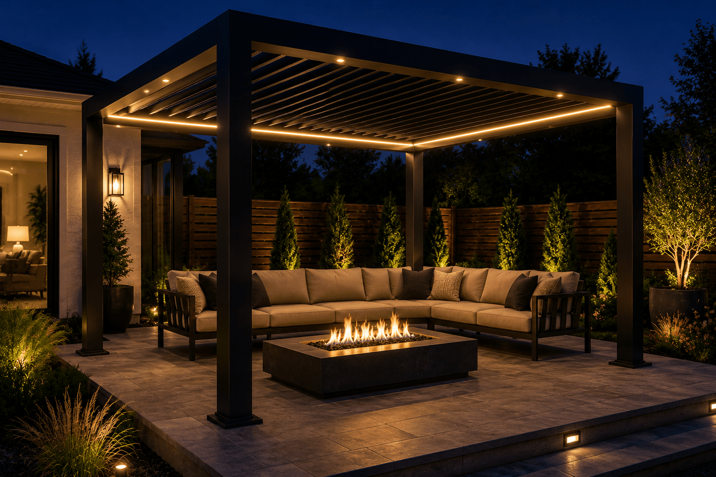 Motorized Aluminum Pergola with LED Lighting | Custom Sizes & Colors - Sunzout Outdoor Spaces LLC