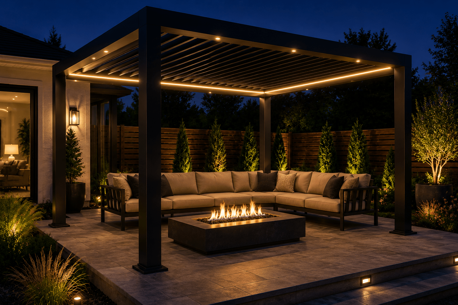 Motorized Aluminum Pergola with LED Lighting | Custom Sizes & Colors - Sunzout Outdoor Spaces LLC