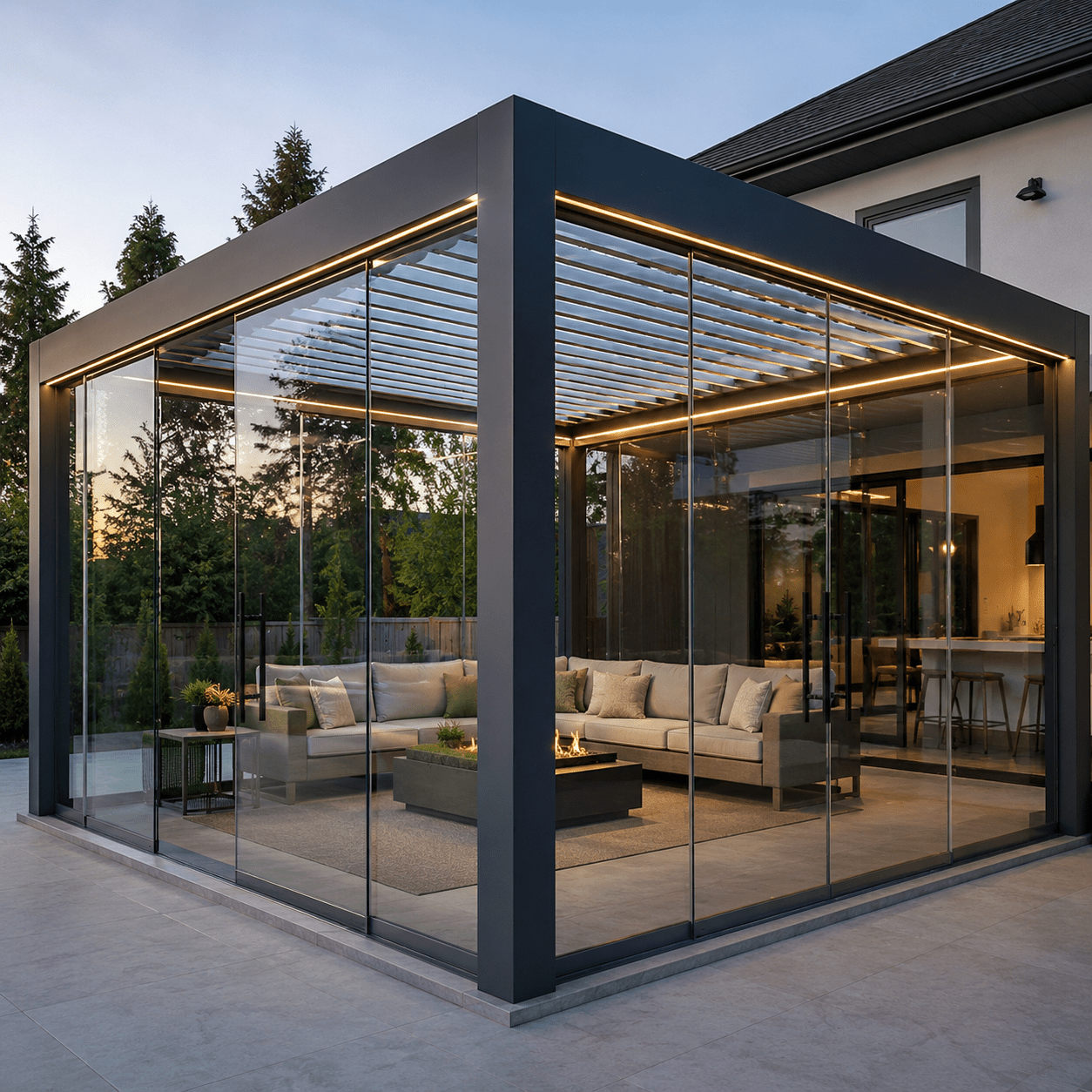 Motorized Outdoor Louvered Pergola with Glass Door Option - Sunzout Outdoor Spaces LLC