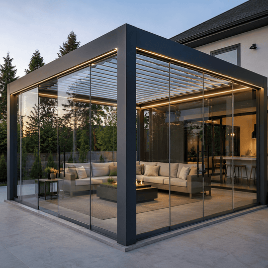Motorized Outdoor Louvered Pergola with Glass Door Option - Sunzout Outdoor Spaces LLC