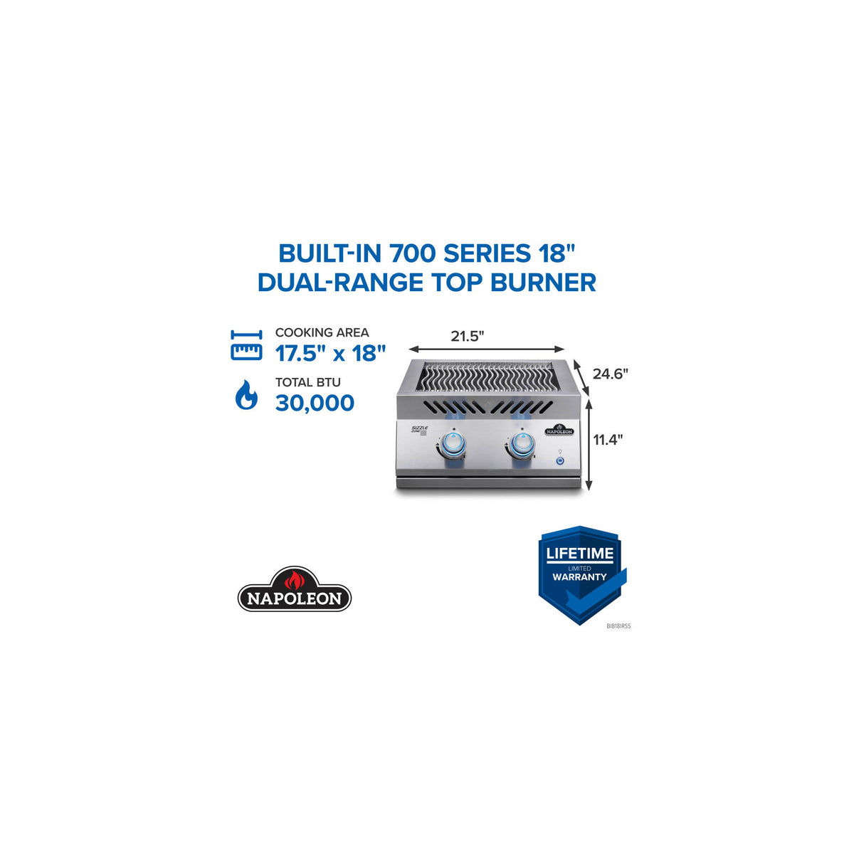 Napoleon 700 Series 18-Inch Built-In Dual Infrared Burner — manufacturer detail view